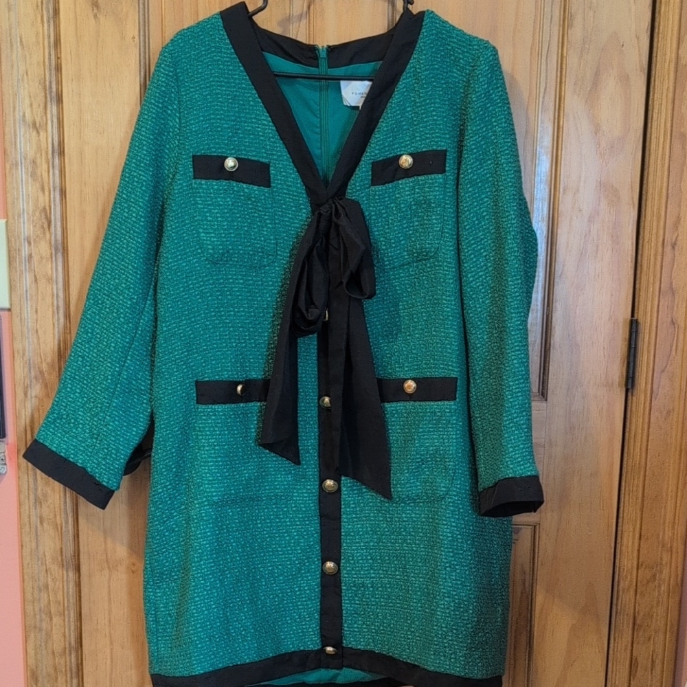 Teal Tweed Bow-Front Jacket with Black Trim
